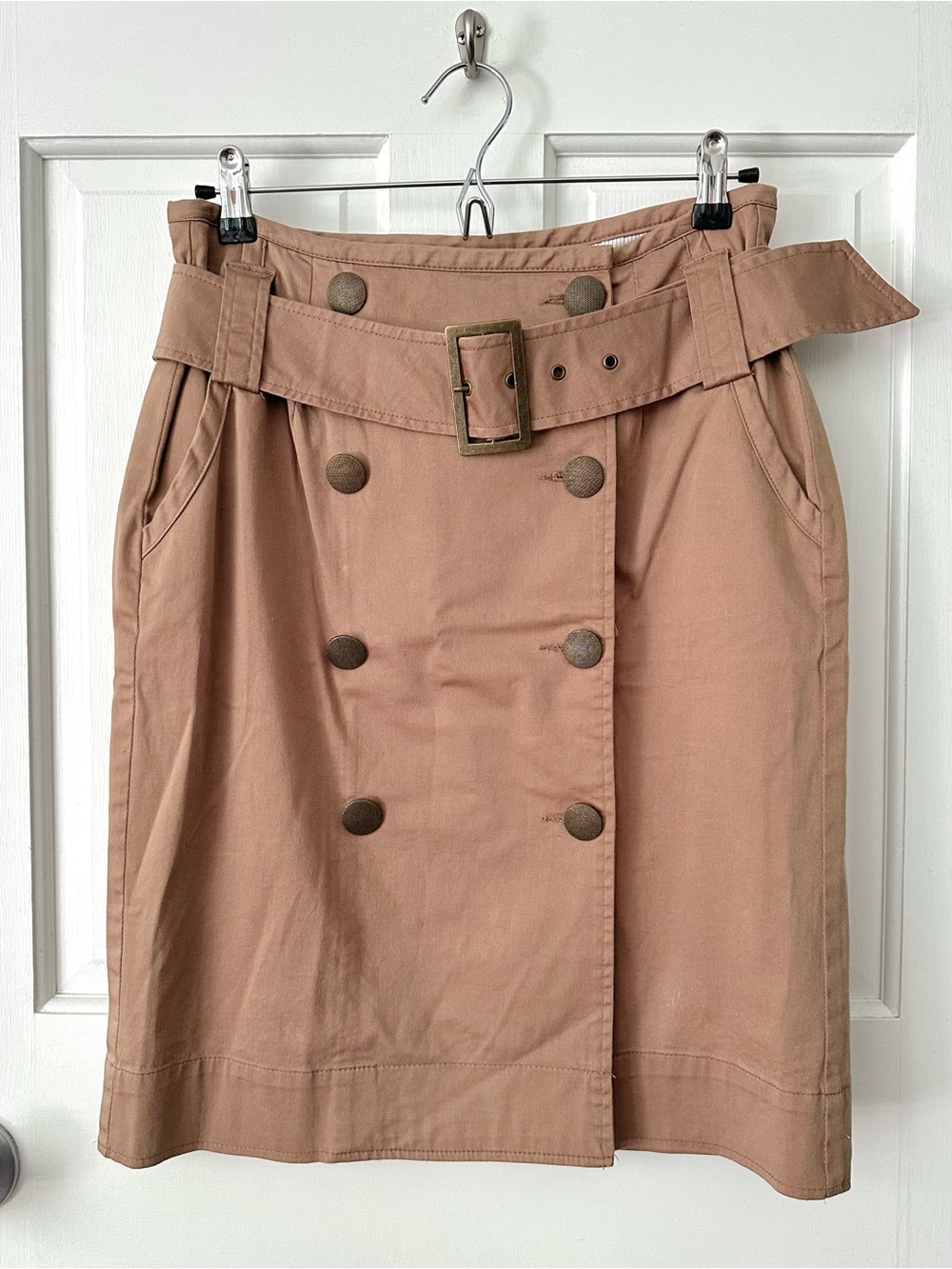 Vintage High-Waist Belted A-Line Skirt Tan Brass Buttons by Live A Little Size 6